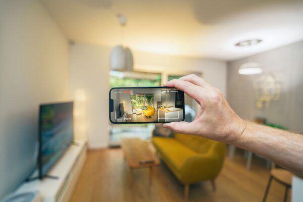 modern living room virtual tour via smartphone